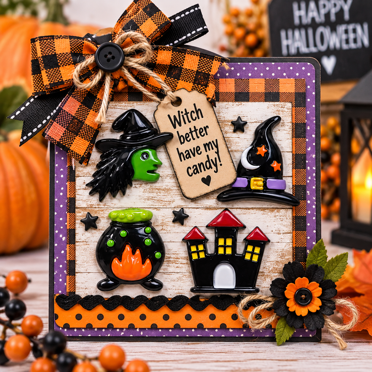 Witch Hunt Craft Embellishments – Halloween Candy Sign Witch craft embellishments decorating a handmade Witch Better Have My Candy Halloween sign