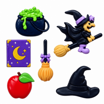 BROOM HILDA Halloween craft embellishments with witch cauldron spell book broom apple and hat