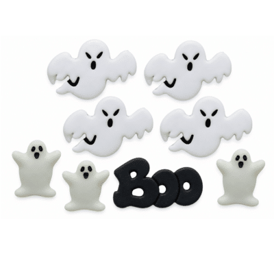 Ghostly Gathering Halloween ghost craft buttons with black BOO embellishment