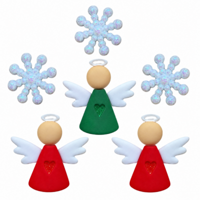 Heaven Sent angel craft buttons with red and green angels and sparkling snowflakes
