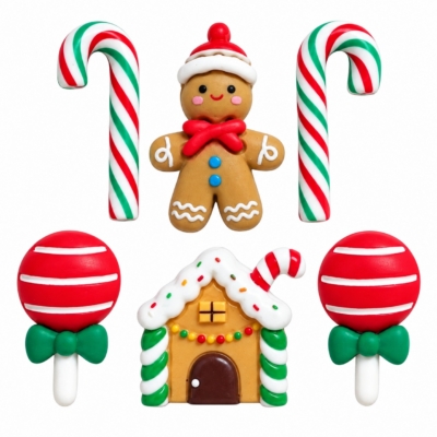 Christmas candy embellishments with gingerbread, candy canes, lollipops and gingerbread house