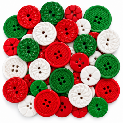 Christmas Color Me Collection – Red, White & Green Buttons Christmas Color Me Collection featuring assorted red, white, and green decorative 2-hole and 4-hole sewing buttons in multiple sizes and styles.