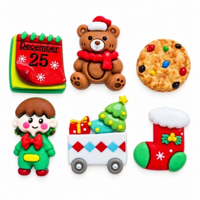 Christmas Morning Craft Embellishment Set β Holiday Icons Christmas craft embellishments with teddy bear, elf, stocking, cookie, calendar and Christmas tree wagon