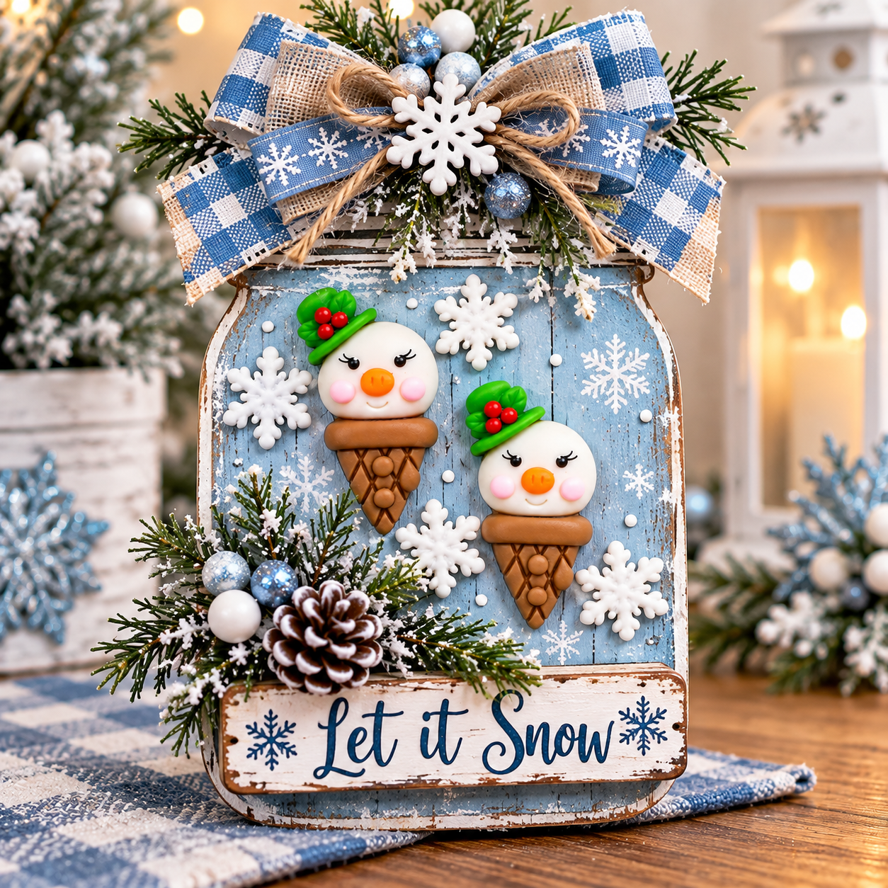Snow Cones Let It Snow Winter Snowman Craft Let It Snow winter craft with snowman cone and snowflake embellishments on a blue mason jar sign