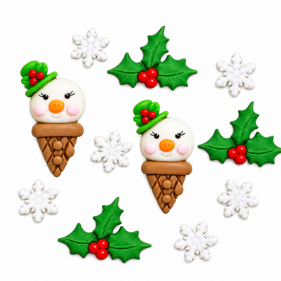 Snow Cones Christmas craft buttons with snowman cones, holly leaves and white snowflakes