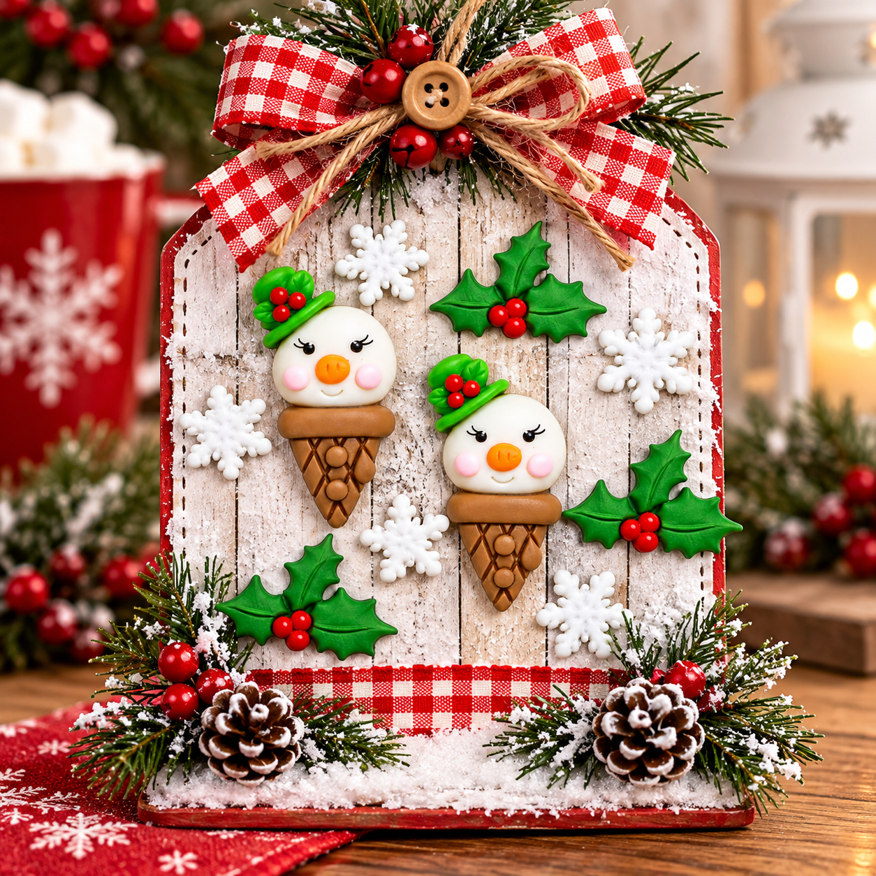 Snow Cones Snowman Christmas Craft Sign Snowman Christmas craft with snow cone, holly and snowflake embellishments on a rustic holiday sign