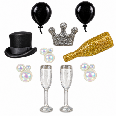 Happy New Year Craft Button Set Happy New Year craft buttons with champagne glasses, bottle, balloons, crown, top hat and iridescent bubbles