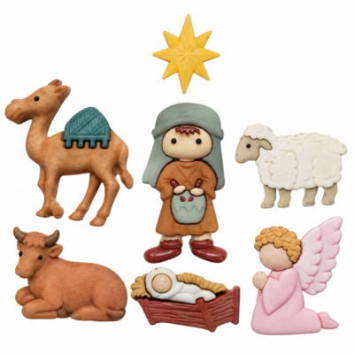 Little Drummer Boy Nativity craft button set with baby Jesus, angel, camel, sheep, ox and star
