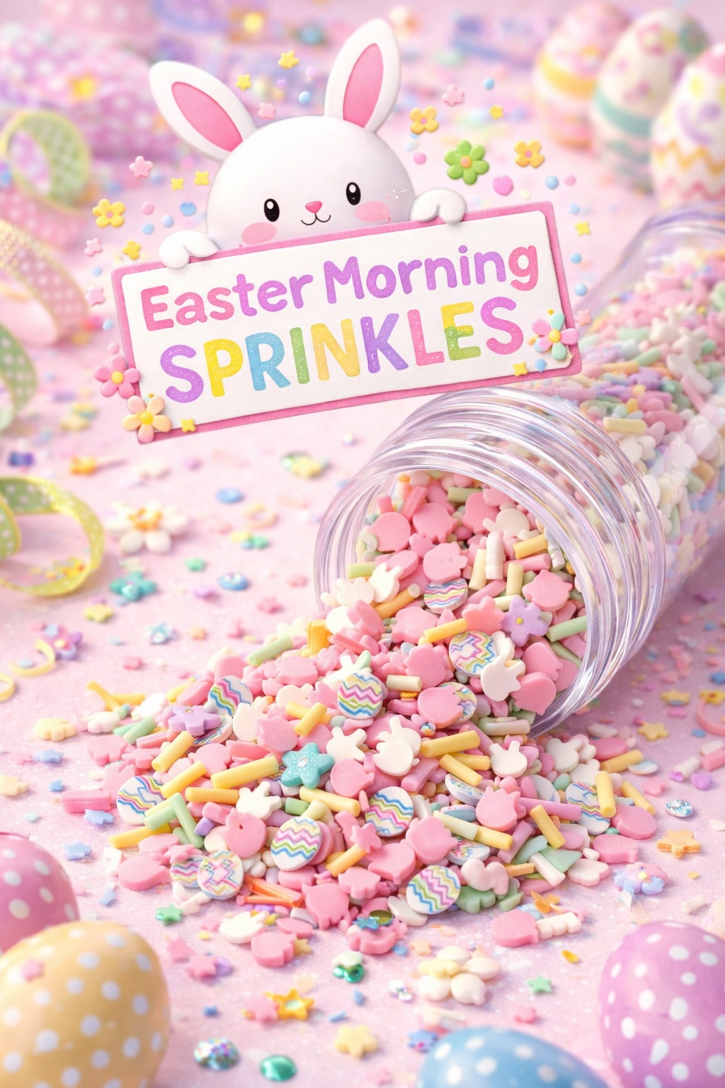 easter morning sprinkles Easter Morning sprinkles spilling from a clear jar with pastel bunny and egg shapes in a festive spring craft scene