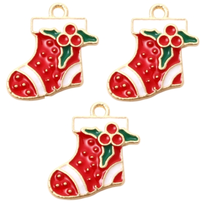 "Christmas Stocking Charms with red enamel and holly berry details for holiday jewelry making, scrapbooking, and DIY Christmas crafts."