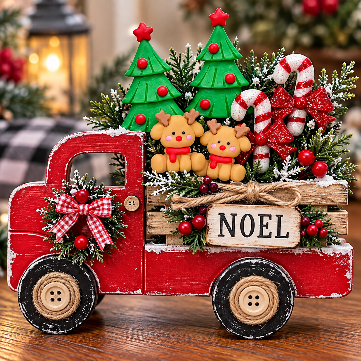 Noel Christmas Craft Embellishments – Red Truck Project Noel Christmas craft embellishments with reindeer, trees and candy canes decorating a red truck