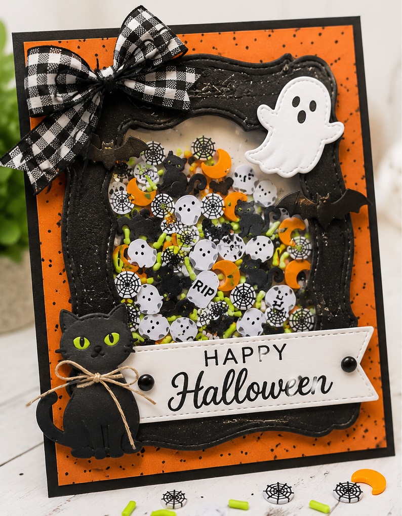 haunted-halloween-shaker-mix-card-ornament-crafts Halloween shaker card and ornament made with Haunted Shaker Sprinkles featuring ghosts, black cats, moons, spiderwebs, bats and RIP embellishments