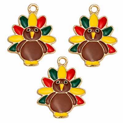 Turkey Charms for Jewelry Making – Thanksgiving – 3 Pieces Three colorful Thanksgiving turkey jewelry charms with brown bodies, red, green and yellow tail feathers, gold-tone outlines and top attachment loops on white.