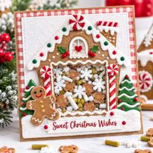 Gingerbread Christmas shaker sprinkles used in a handmade gingerbread house shaker card