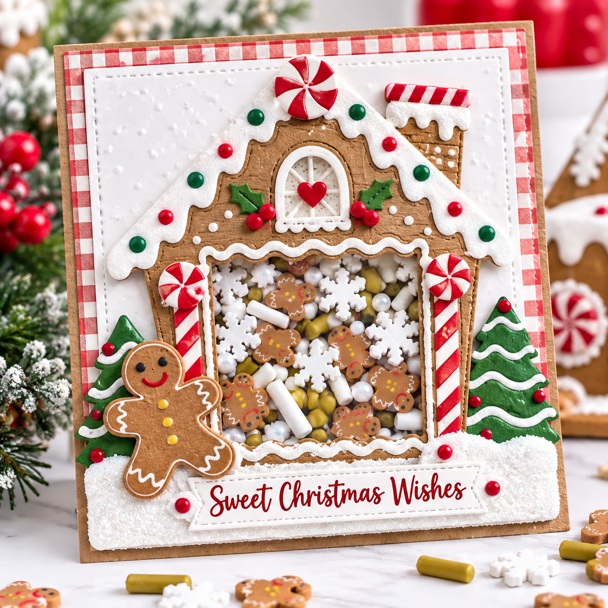Gingerbread Express Christmas Shaker Sprinkles – Shaker Card Gingerbread Christmas shaker sprinkles used in a handmade gingerbread house shaker card