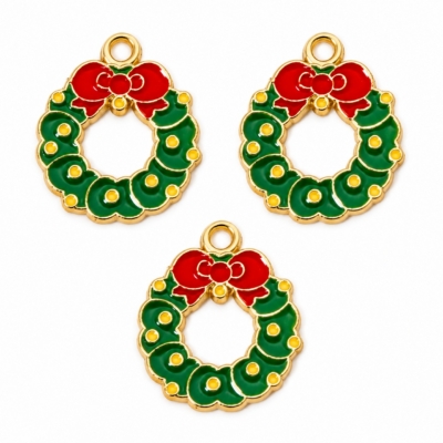 Three green holiday wreath charms with red bows and gold accents