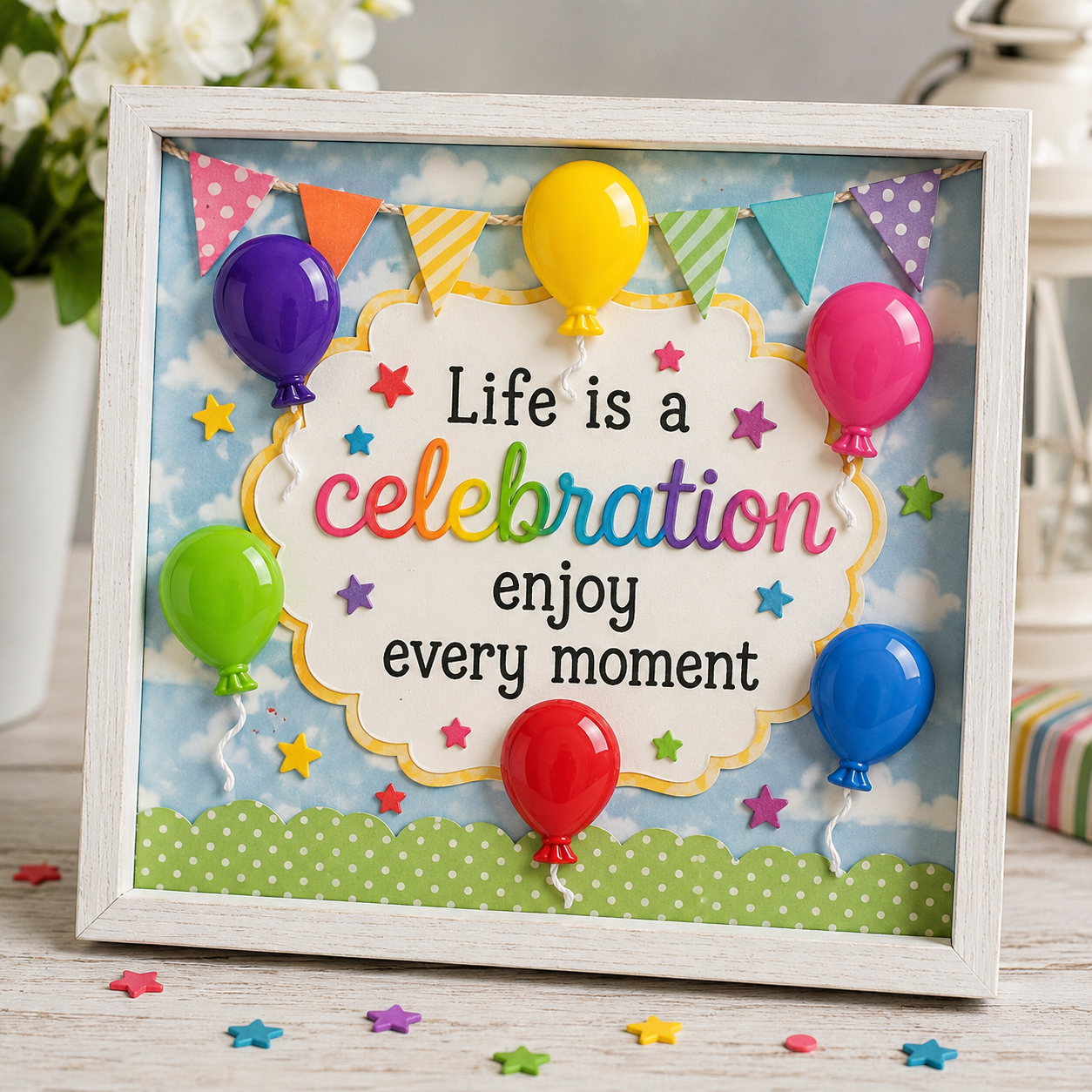 balloon craft button finished craft Handmade celebration shadow box decorated with colorful balloon craft buttons, party banners, stars, and the phrase “Life Is a Celebration
