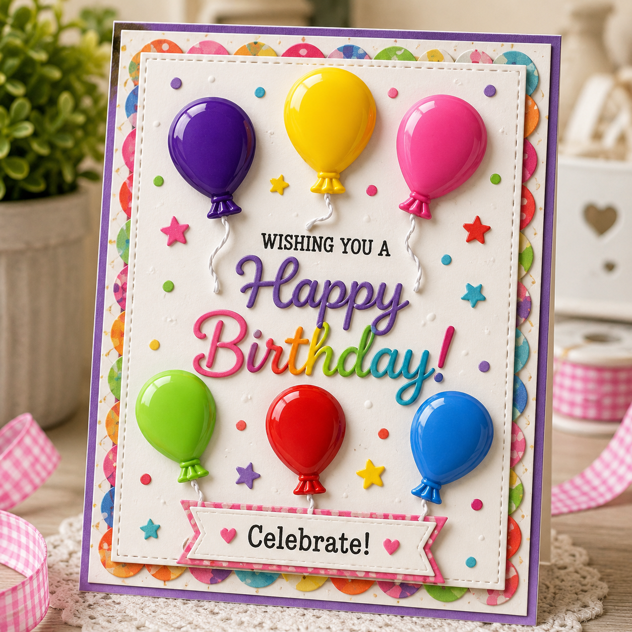 balloons craft button card Handmade birthday card decorated with colorful balloon craft buttons, confetti, stars, and a cheerful Happy Birthday design.