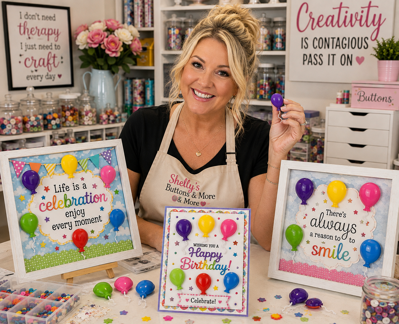 jessica-craft-room-balloon-buttons-finished-crafts.png Jessica in a colorful craft room showcasing balloon craft buttons and finished birthday card and celebration projects created with colorful balloon embellishments.
