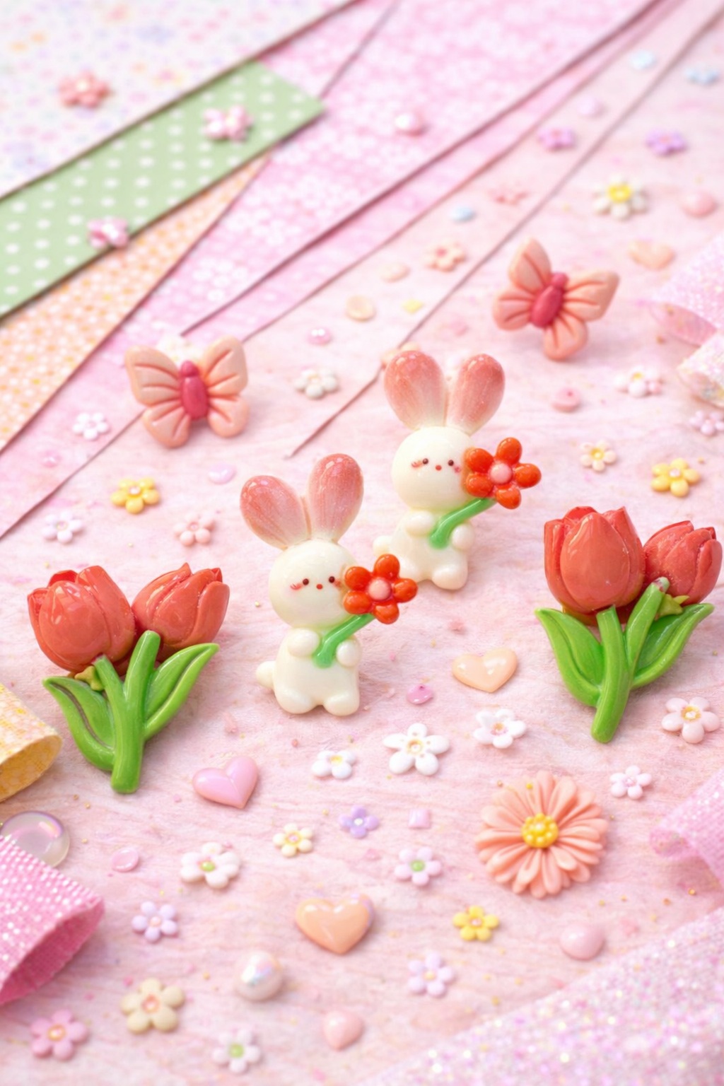 atf fun Among the Flowers craft embellishments with bunnies holding flowers, tulips, and butterflies for spring and Easter crafts