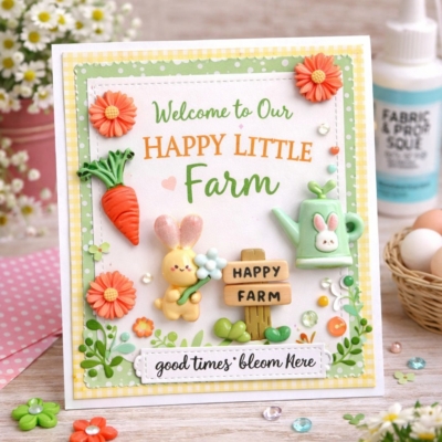 happy-little-farm-spring-card-craft-bunny-carrot-embellishments handmade spring farm themed greeting card using bunny carrot watering can and flower embellishments with happy farm design