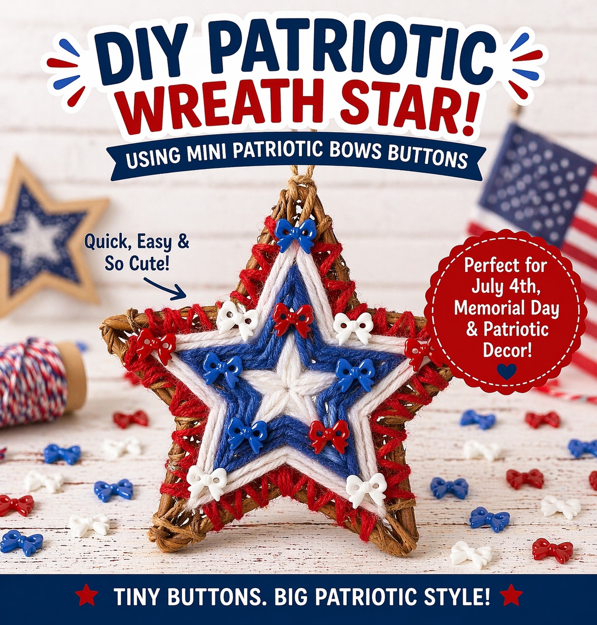 patriotic-bows-buttons-star-wreath-craft DIY patriotic star wreath craft made with mini patriotic bows buttons in red white and blue