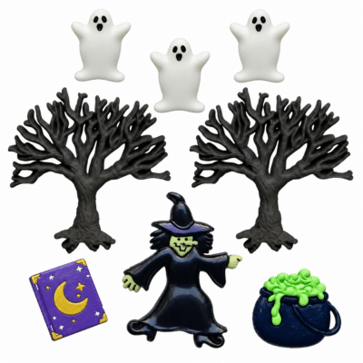 Casting Spells Halloween craft buttons with witch ghosts trees spell book and cauldron