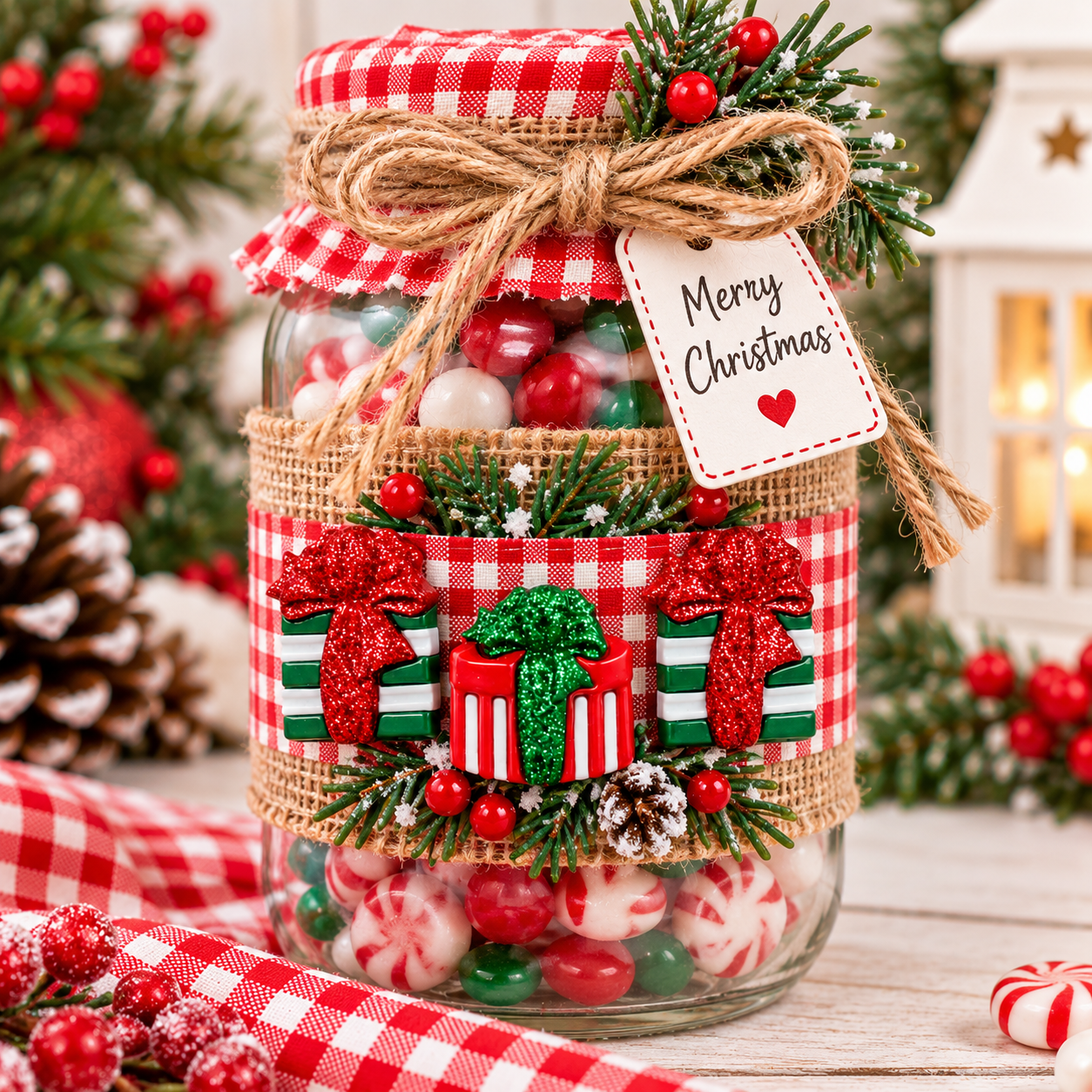 Glitter Bow Christmas Present Buttons – Holiday Candy Jar Craft Glitter Christmas present buttons decorating a festive handmade Christmas candy jar