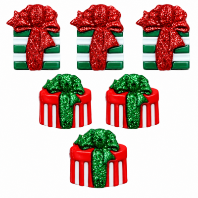 Glitter Bow Christmas Present Buttons – Set of 6 Six Christmas present buttons with glitter bows in red, green and white