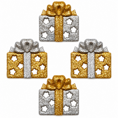 Four gold and silver glitter Christmas present embellishments with bows and star cutouts for holiday crafts