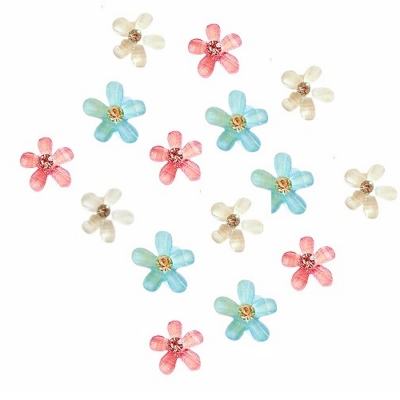 10mm Rhinestone Center Petals – Newborn Palette 10mm mini flower craft embellishments in pink, blue and ivory with rhinestone centers