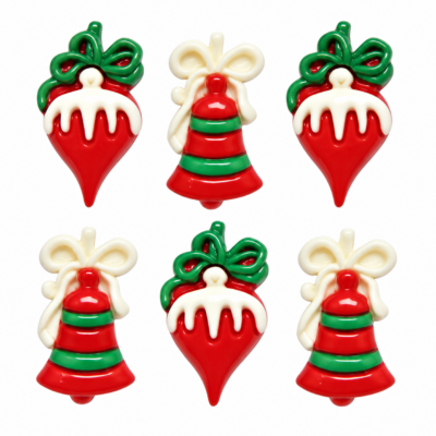 Red and green Christmas bells and ornaments craft buttons with decorative bows, Shelly’s Buttons & More.