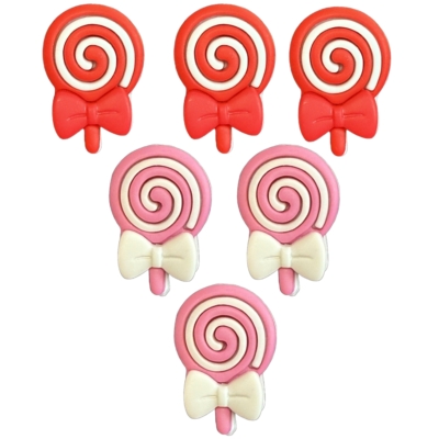 Valentine pinwheel pop craft buttons shaped like red and pink candy lollipops with bows