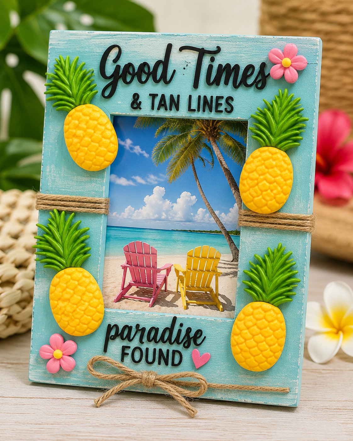 pineapple-craft-embellishment-set-tropical-picture-frame Handmade tropical picture frame decorated with Pineapple Craft Embellishment Set resin flatbacks, jute twine, and colorful floral accents, perfect for displaying beach vacation photos and summer memories
