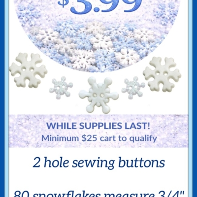100 snowflake sewing buttons in white and glitter finishes, mixed sizes for winter crafts and holiday sewing projects"