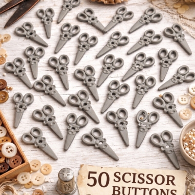 50 scissor sewing button embellishments arranged in a sewing themed craft setting
