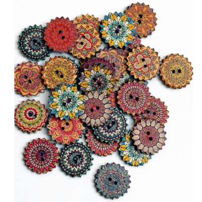 wood flower buttons Boho floral mandala wood button mix with colorful patterned designs in a 100 piece craft assortment