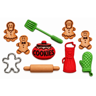 Christmas baking craft button set with gingerbread cookies, cookie jar, rolling pin, apron and baking tools