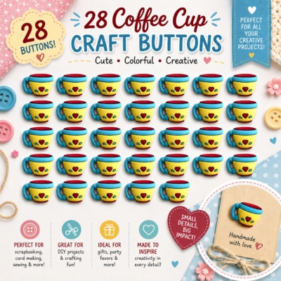 28 colorful coffee cup craft buttons with heart accents for scrapbooking, sewing, card making, and DIY craft projects
