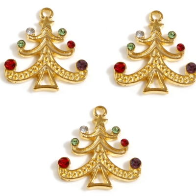 Three gold Christmas Tree Elegance Charms featuring colorful rhinestones and hanging loops for jewelry making, ornaments, keychains, and holiday crafts