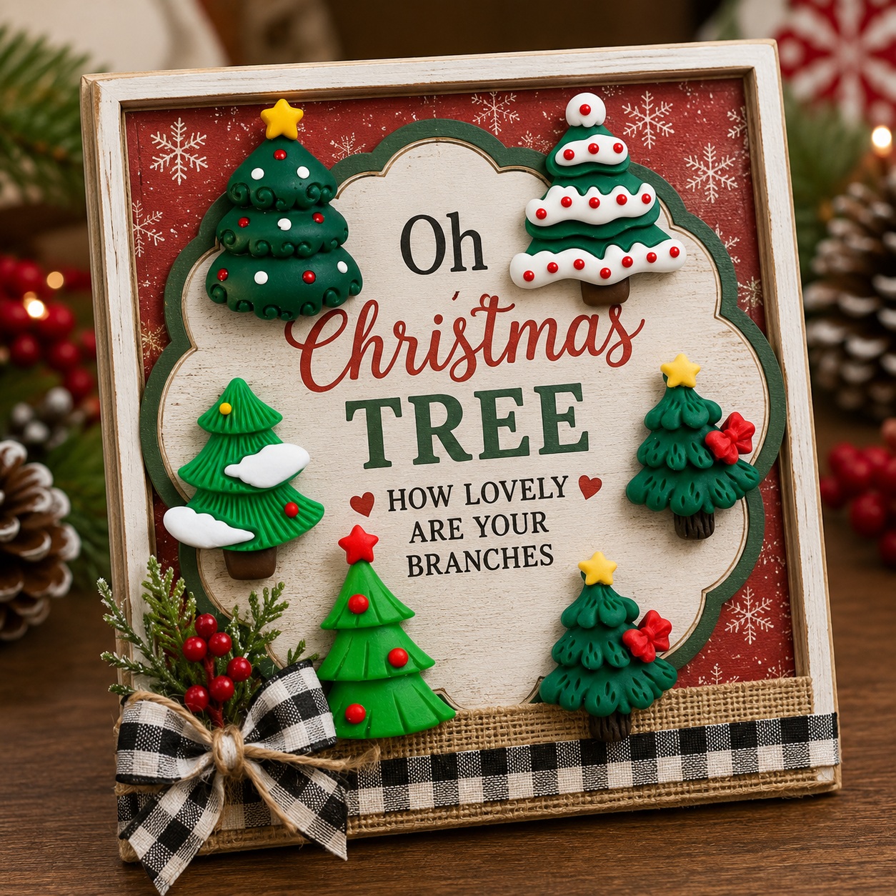 oh-christmas-tree-framed-holiday-sign-craft-idea Handmade framed Christmas sign featuring Oh Christmas Tree craft embellishments with six festive evergreen flatback trees, rustic ribbon, holiday greenery, and seasonal farmhouse décor.