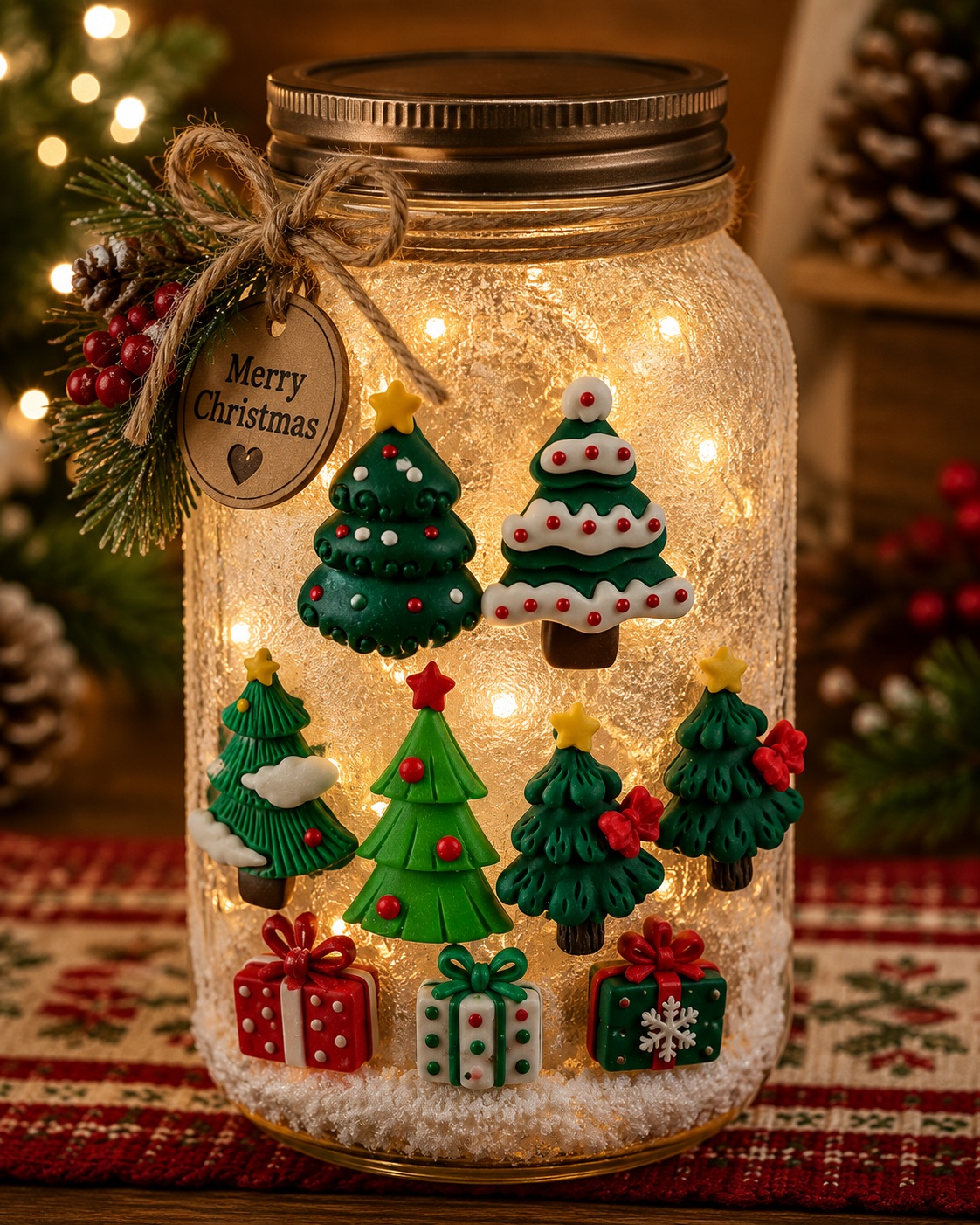 oh-christmas-tree-lighted-mason-jar-craft-idea Handmade lighted mason jar Christmas décor featuring Oh Christmas Tree flatback craft embellishments, warm fairy lights, faux snow, festive greenery, and holiday accents for a cozy DIY holiday decoration