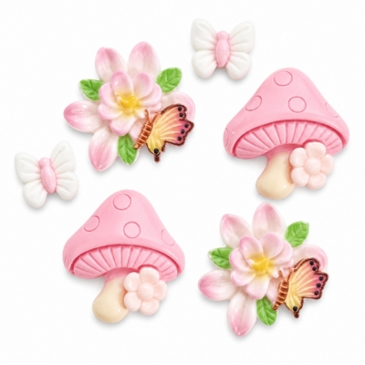 Pretty in Pink Butterfly Meadow resin flatback craft embellishments featuring butterflies, pink mushrooms, flowers, and floral accents for scrapbooking, card making, journals, bows, tumblers, and DIY crafts