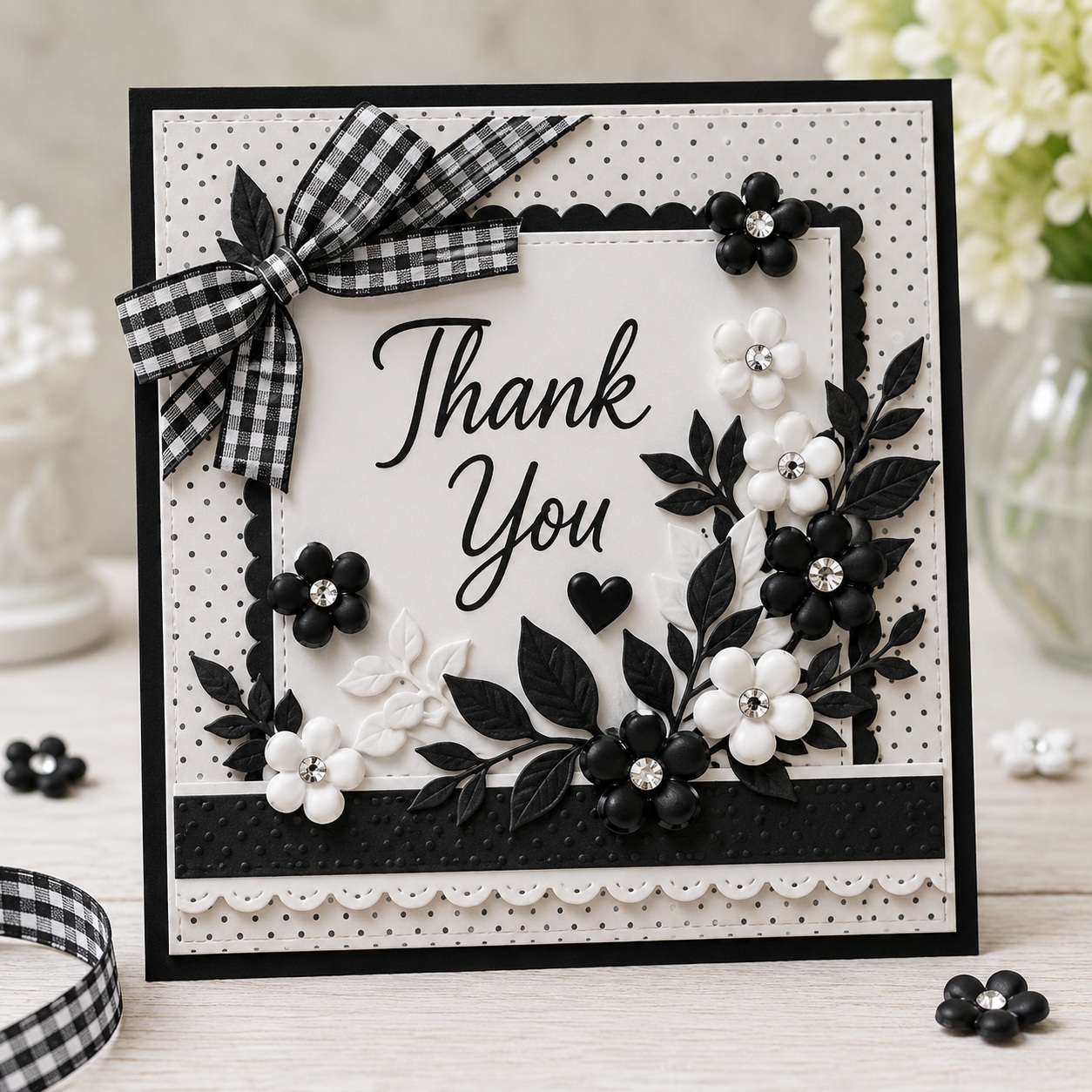 Black & White Rhinestone Flower Thank You Card Craft Handmade thank you card decorated with black and white rhinestone flower embellishments