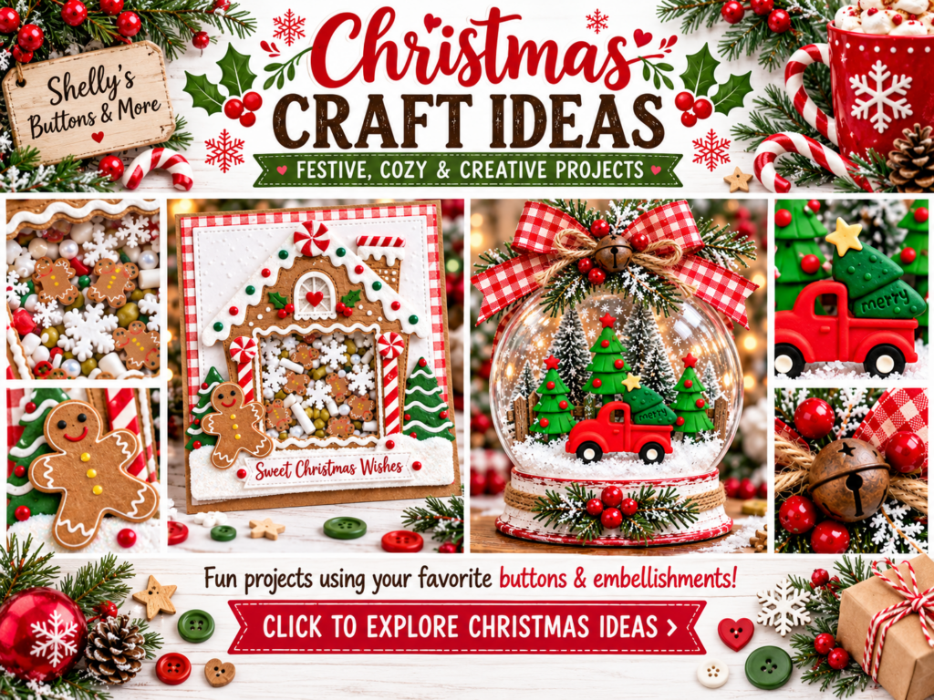 Christmas craft ideas using craft buttons, novelty buttons, sewing buttons, quilt buttons and craft embellishments from Shelly’s Buttons & More