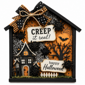 Creep It Real Halloween haunted house craft with spiders bats and Halloween craft embellishments