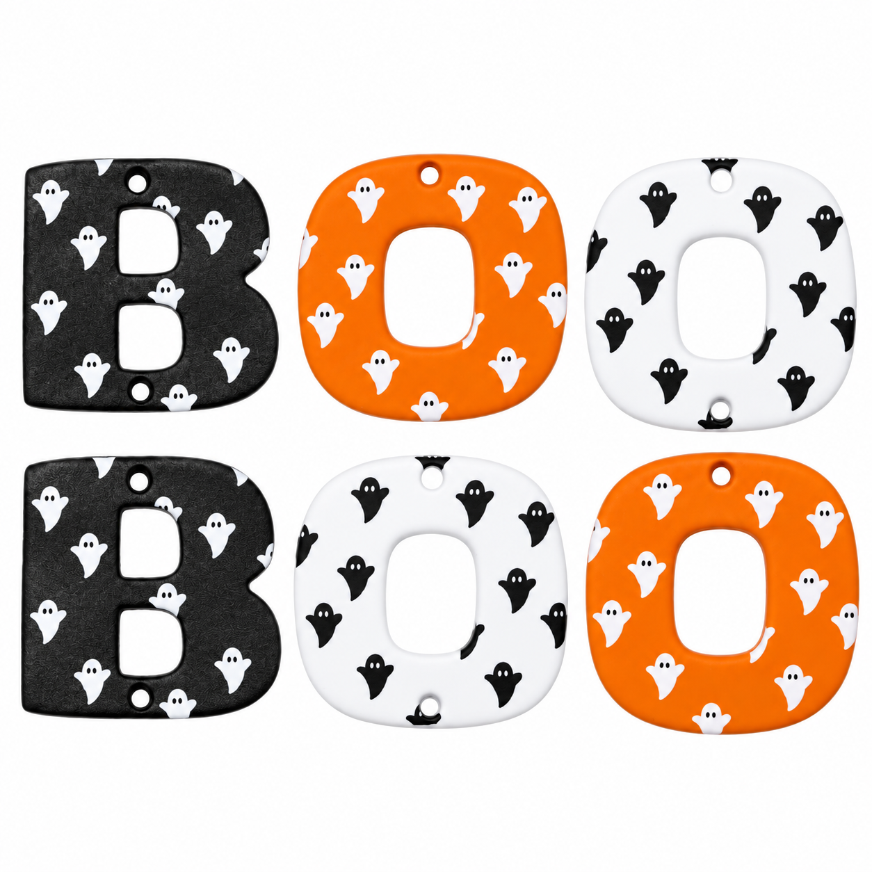 Ghostly BOO Craft Buttons – Halloween Ghost Embellishments BOO craft buttons in orange black and white with ghost patterns for Halloween crafts