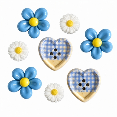 Hearts and flowers novelty craft button set with blue flowers, white daisies and gingham heart buttons