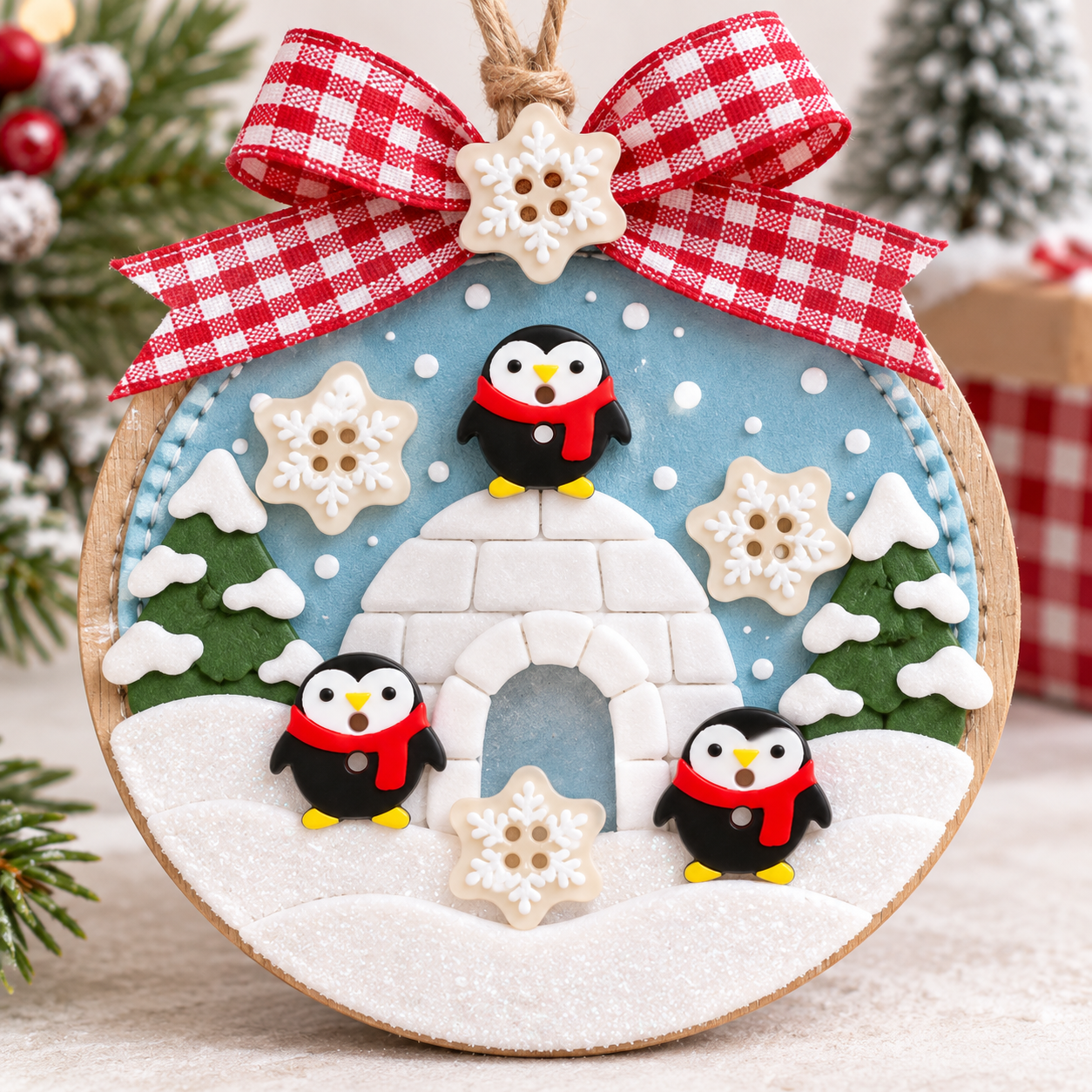 Penguin Snow Day Craft Buttons – Igloo Christmas Ornament Handmade igloo Christmas ornament featuring Penguin Snow Day craft buttons with penguins and snowflakes in a snowy winter scene