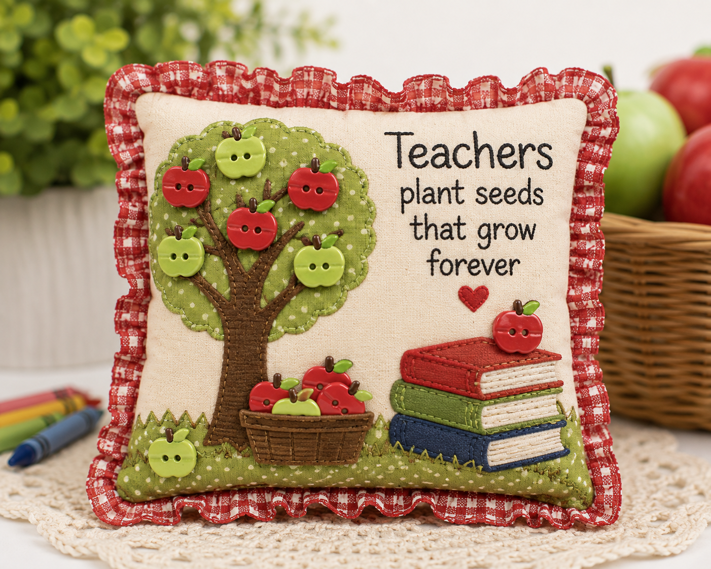 Apple Bites Tiny Buttons Teacher Pillow Craft Tiny red and green apple buttons decorating a handmade teacher appreciation pillow with an apple tree